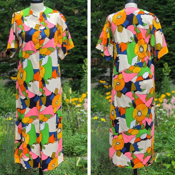 Vintage 60s/70s Psychedelic Floral Citrus Fruit Flower Power Hostess Maxi Dress - Picture 5 of 16